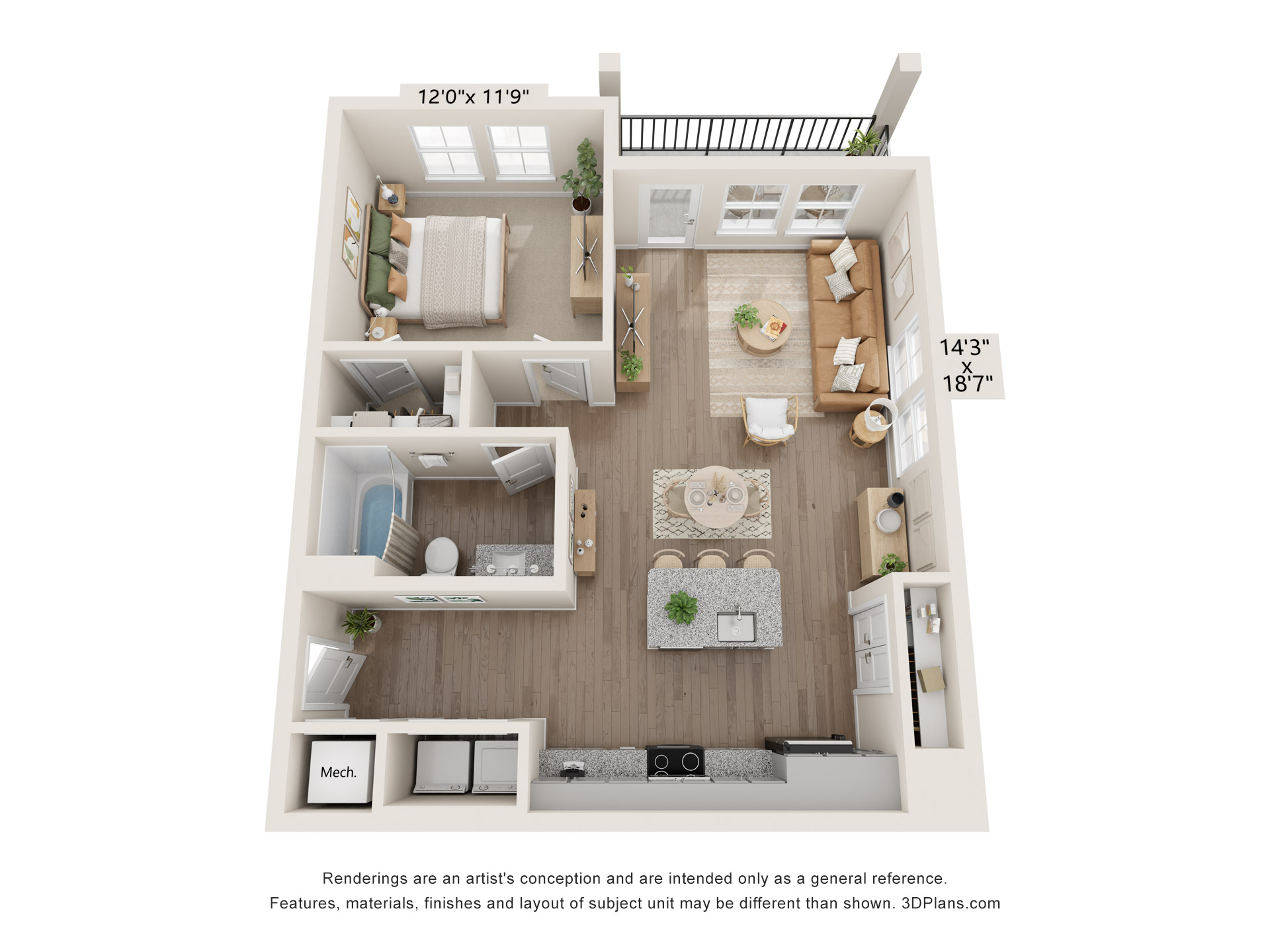 Floor plan for 1 bed, 1 bath, 744 sqft